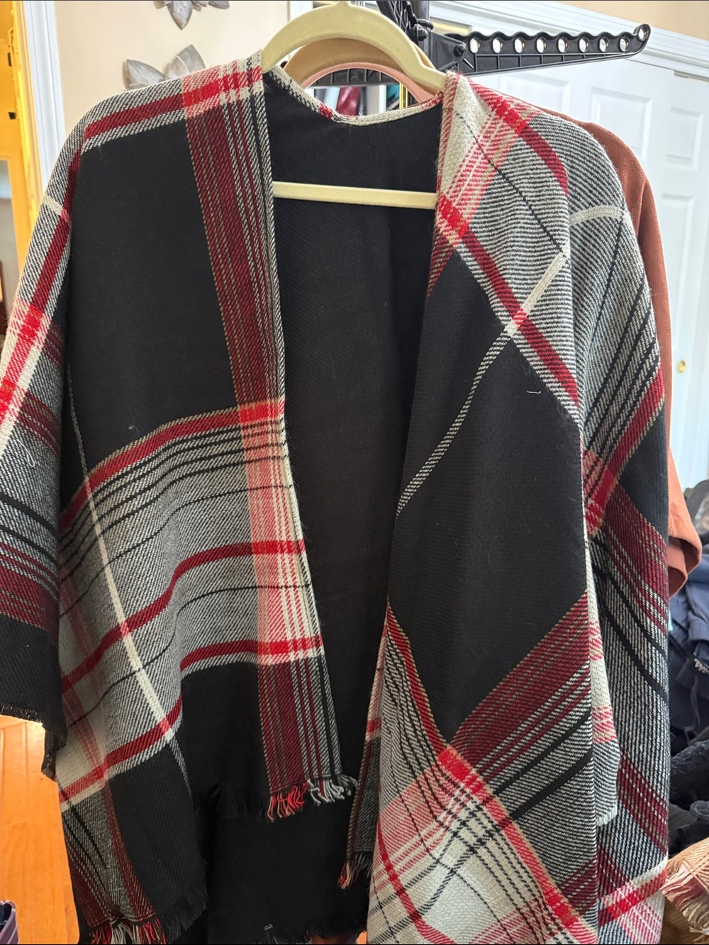 J Jill black and red plaid Ruana so cute and warm one size NWT